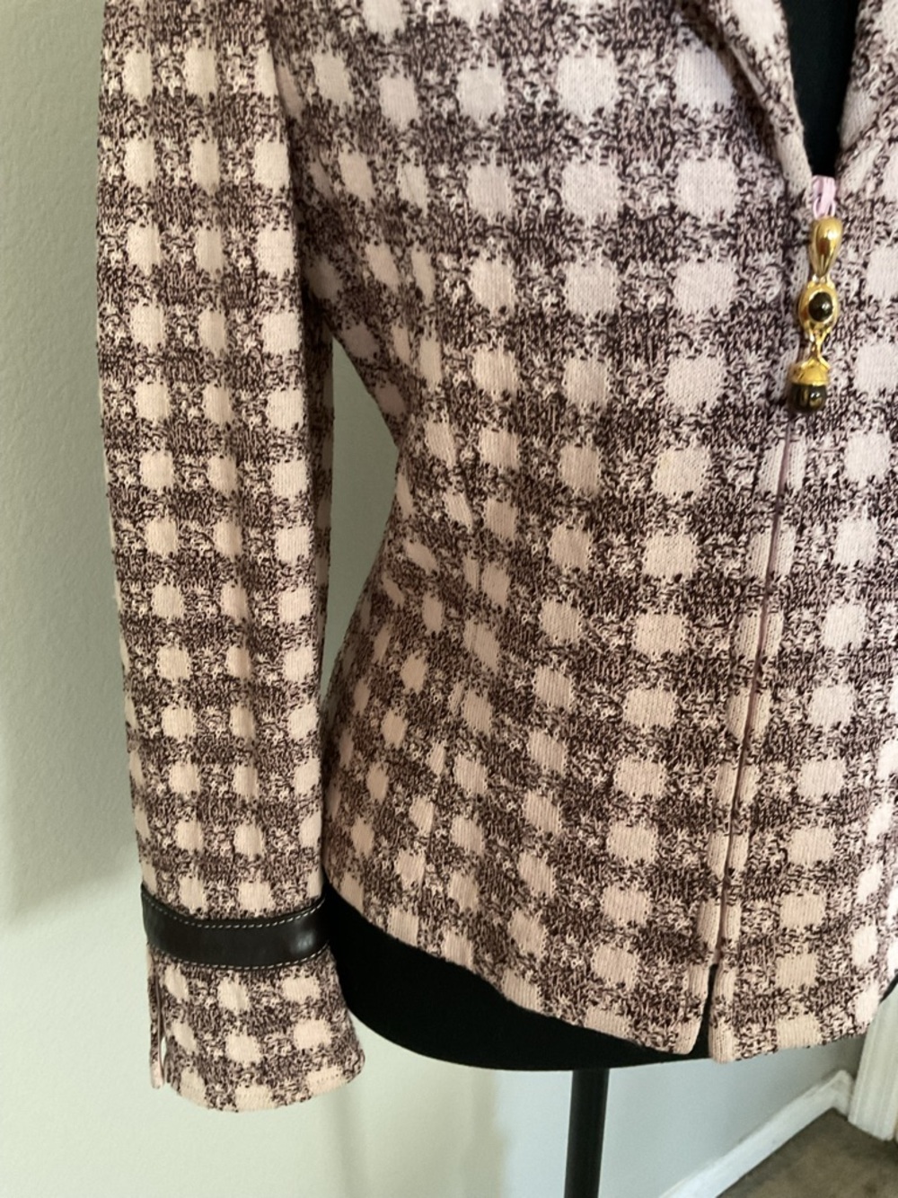 St. John Collection Brown and cream Tweed and leather Zip-Front Blazer - Picture 4 of 7